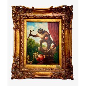 Antique Painting Playful Monkey Oil on Canvas Framed Classic Art Decor